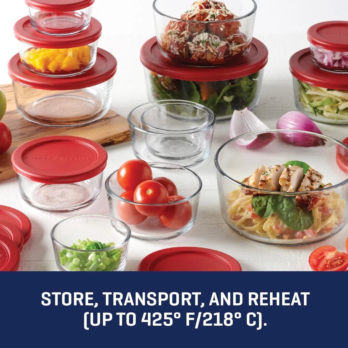 Anchor Hocking 26 Piece Glass Storage Containers with Lids (13 Glass Food Storage Containers & 13 Red SnugFit Lids) - Image 4